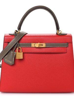 Chevre Chandra Bi-Color Horseshoe Kelly Sellier 25 Rouge De Coeur Etoupe